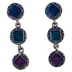 Multicolored Drop Dangle Earrings 2" Gold Tone 3 Tier Enamel Vintage Bohemian